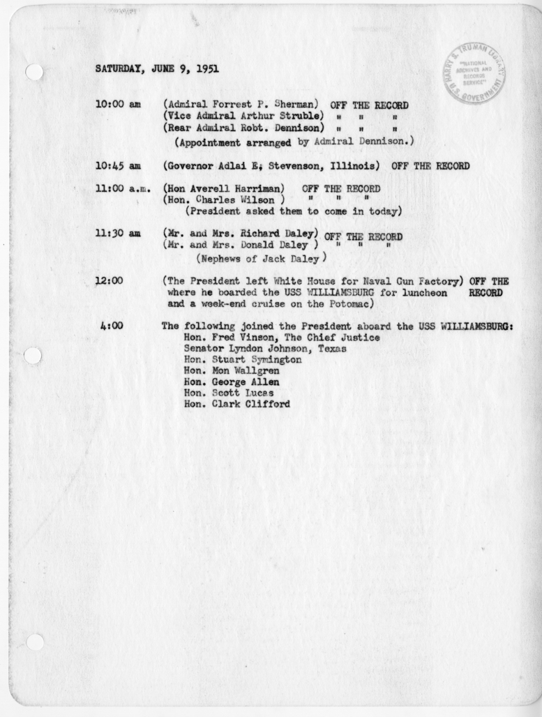 Daily Appointment Sheet for President Harry S. Truman