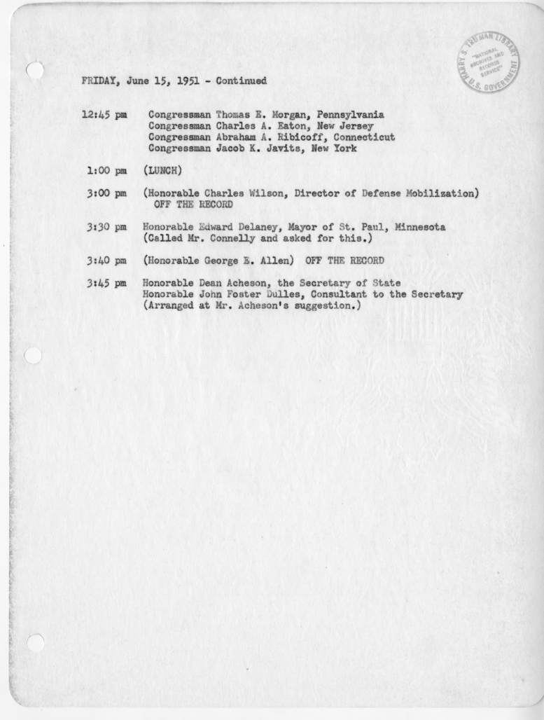 Daily Appointment Sheet for President Harry S. Truman