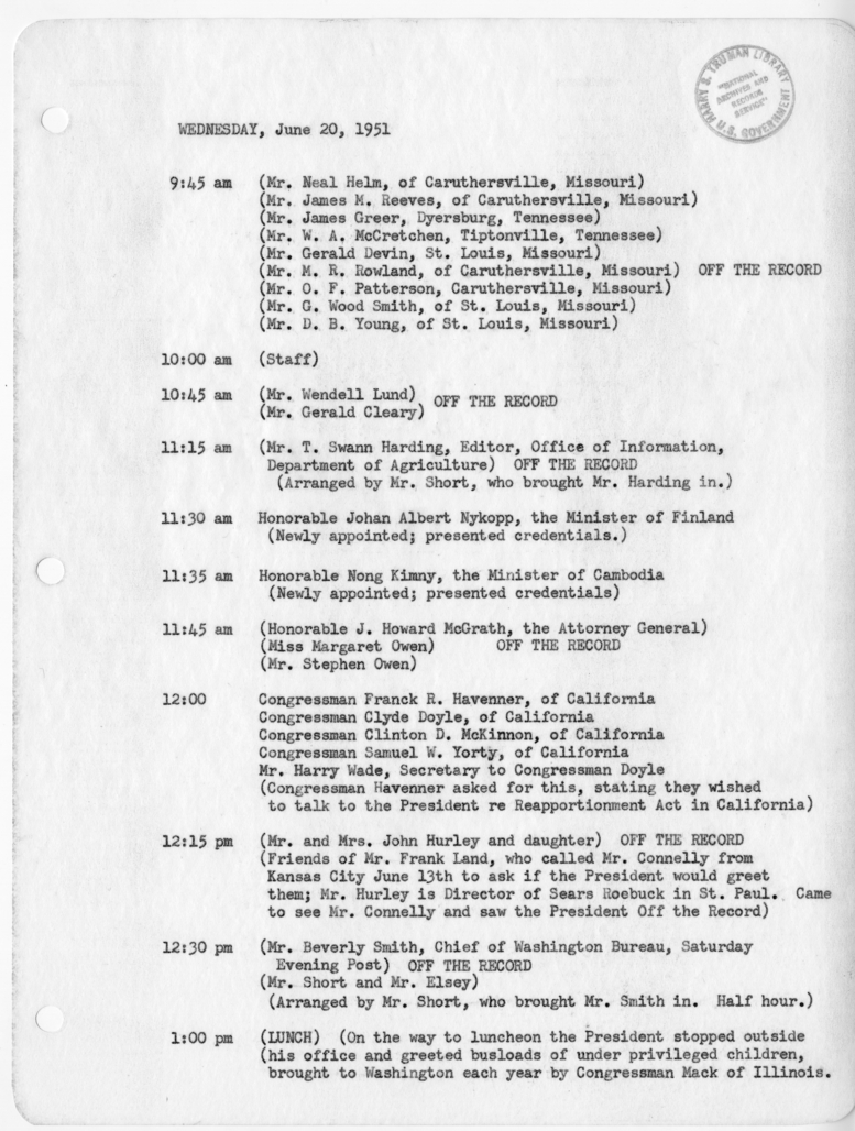 Daily Appointment Sheet for President Harry S. Truman