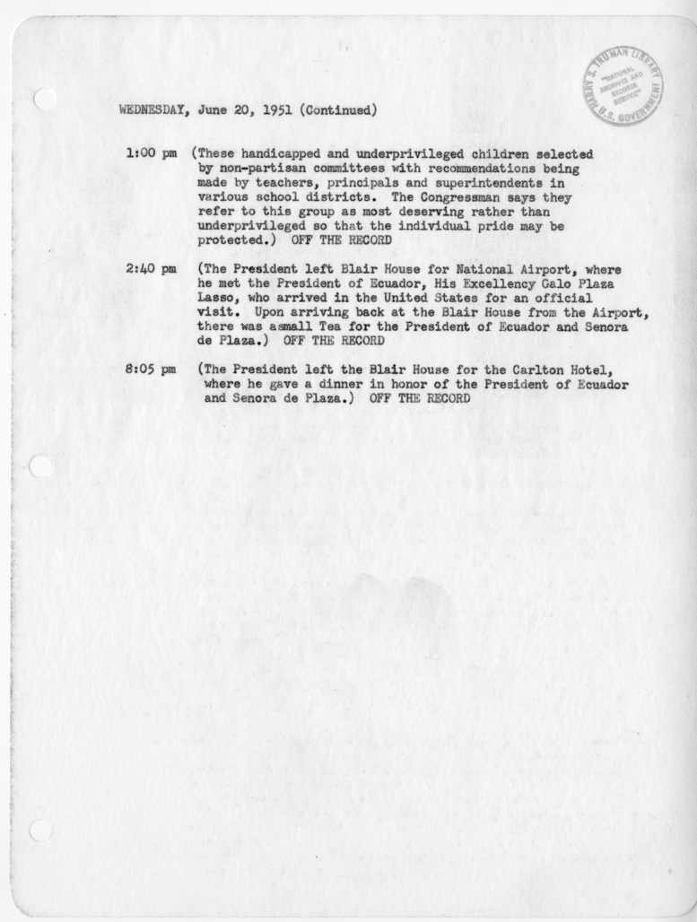 Daily Appointment Sheet for President Harry S. Truman