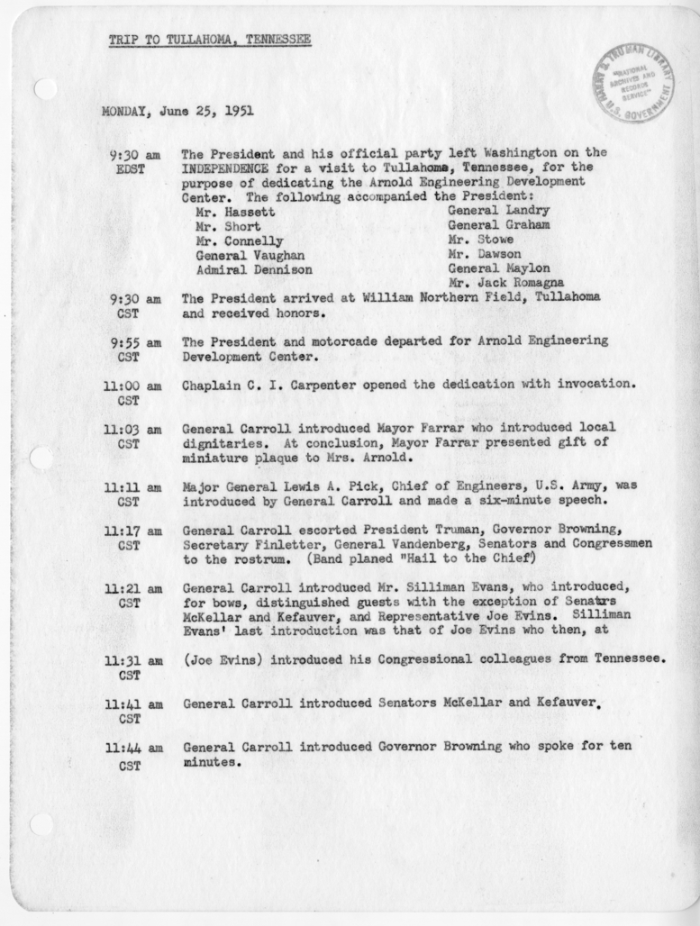 Daily Appointment Sheet for President Harry S. Truman