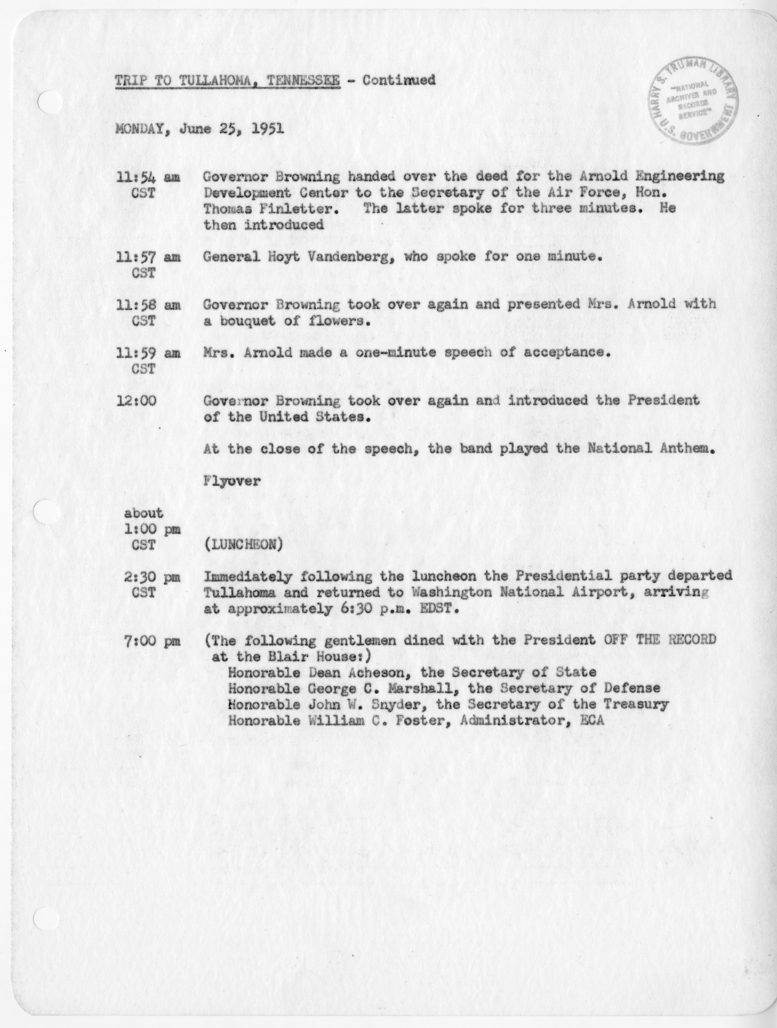 Daily Appointment Sheet for President Harry S. Truman