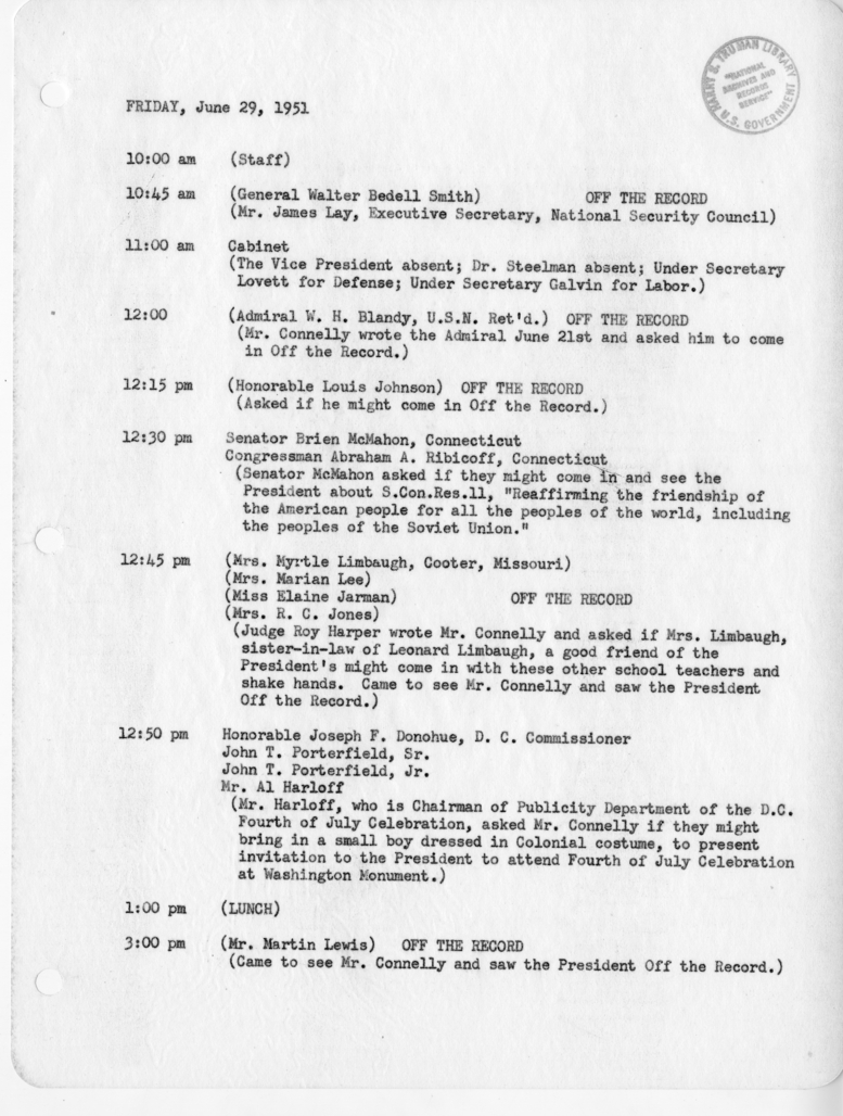 Daily Appointment Sheet for President Harry S. Truman