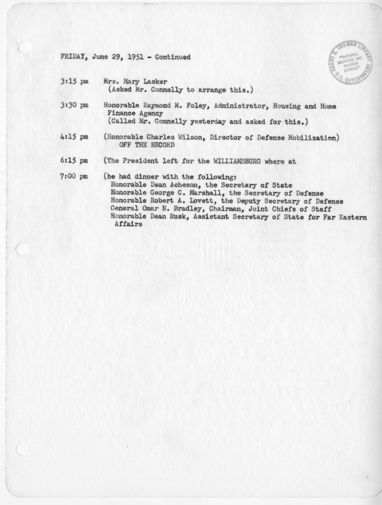 Daily Appointment Sheet for President Harry S. Truman