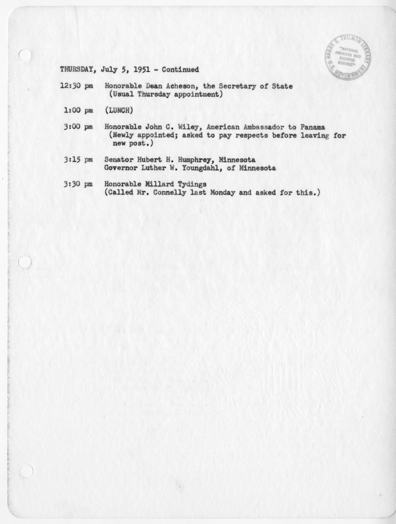 Daily Appointment Sheet for President Harry S. Truman