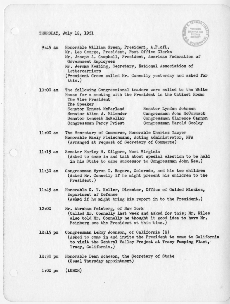 Daily Appointment Sheet for President Harry S. Truman