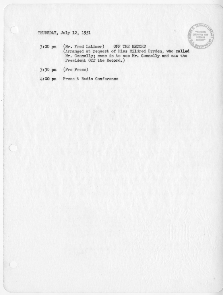 Daily Appointment Sheet for President Harry S. Truman