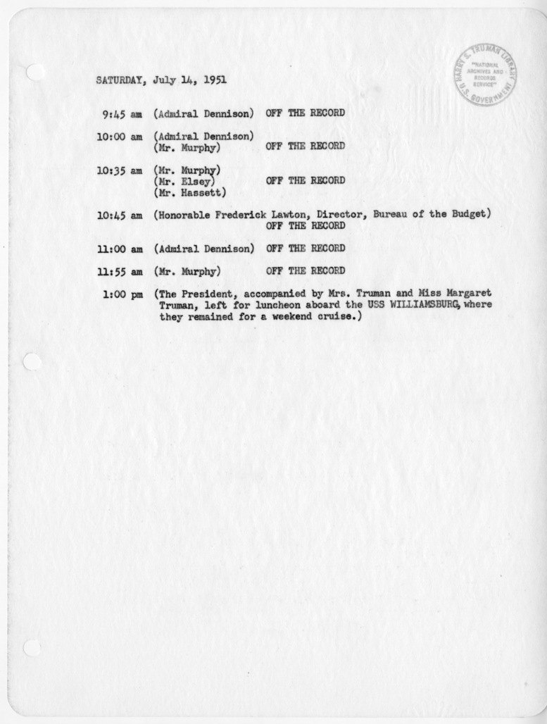 Daily Appointment Sheet for President Harry S. Truman