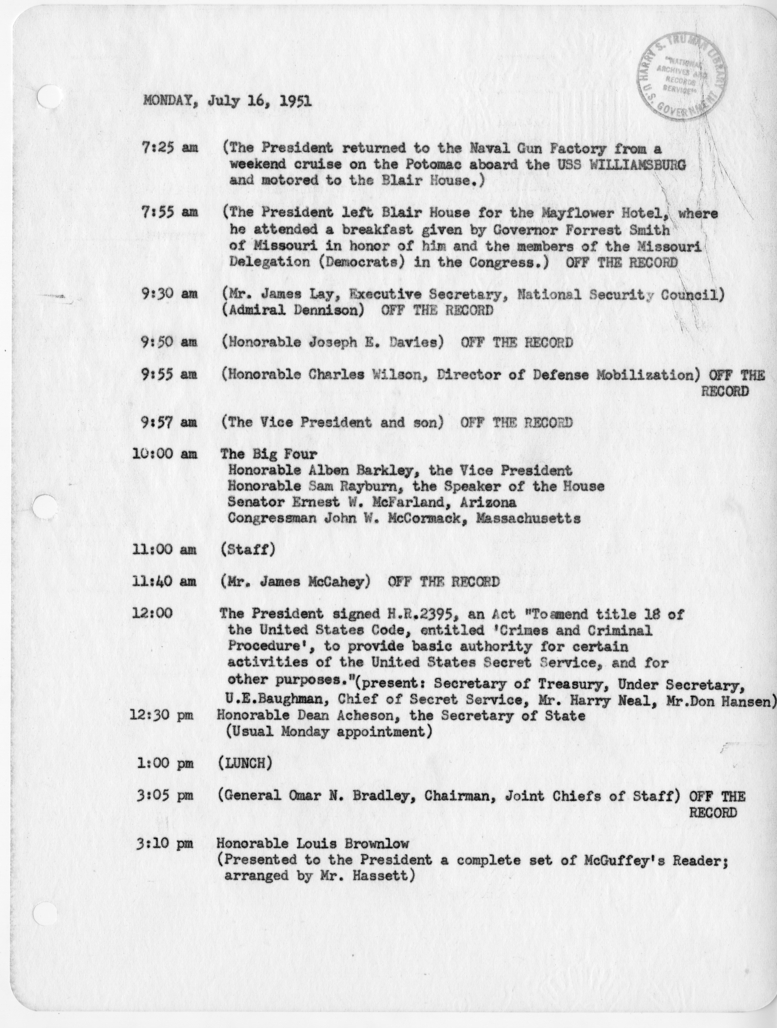 Daily Appointment Sheet for President Harry S. Truman