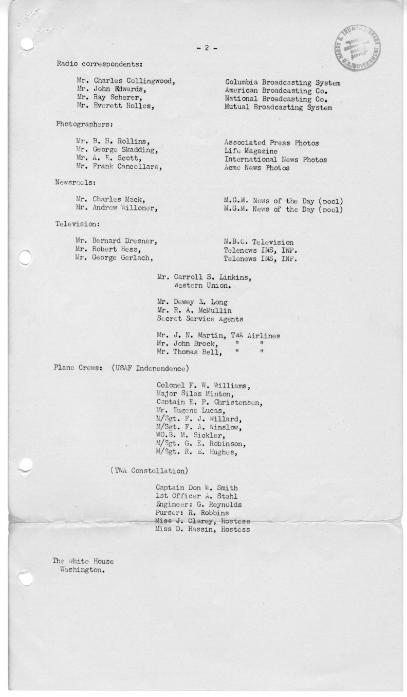 Daily Appointment Sheet for President Harry S. Truman