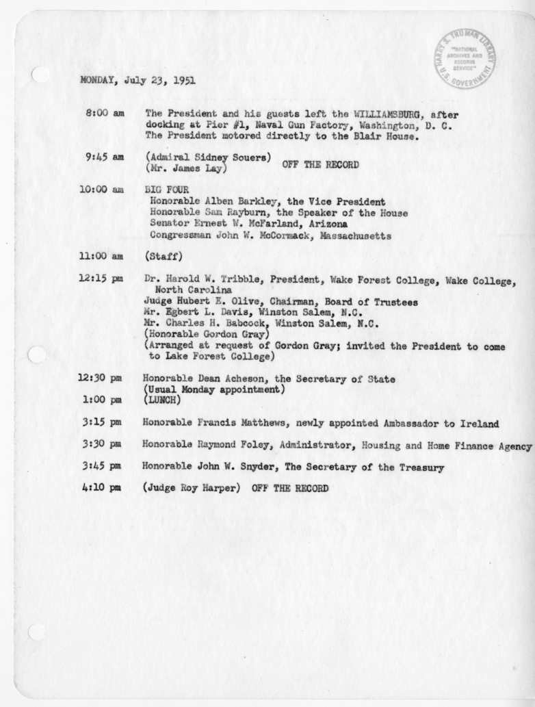 Daily Appointment Sheet for President Harry S. Truman