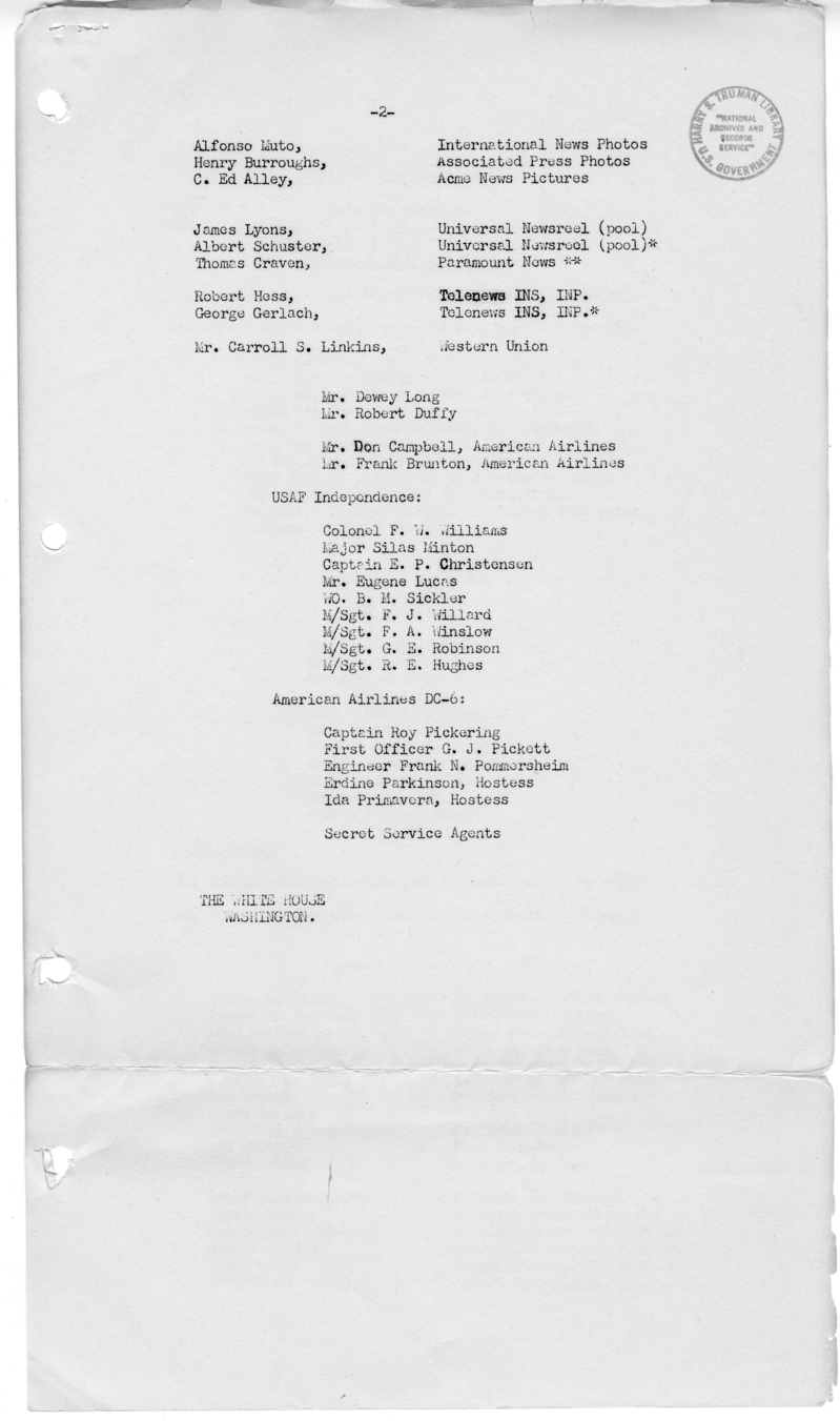 Daily Appointment Sheet for President Harry S. Truman