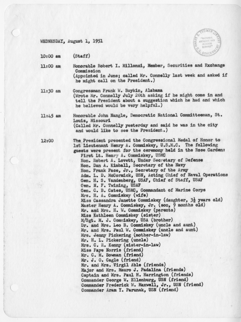 Daily Appointment Sheet for President Harry S. Truman