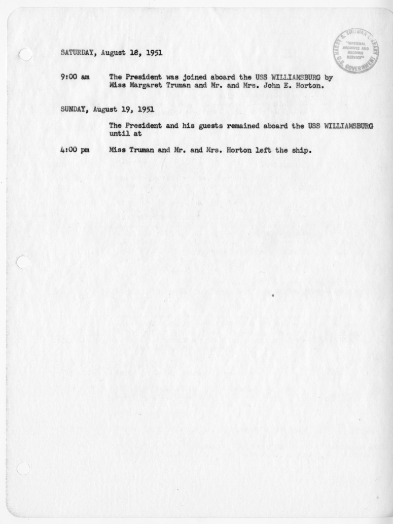 Daily Appointment Sheet for President Harry S. Truman