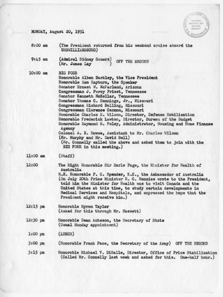 Daily Appointment Sheet for President Harry S. Truman