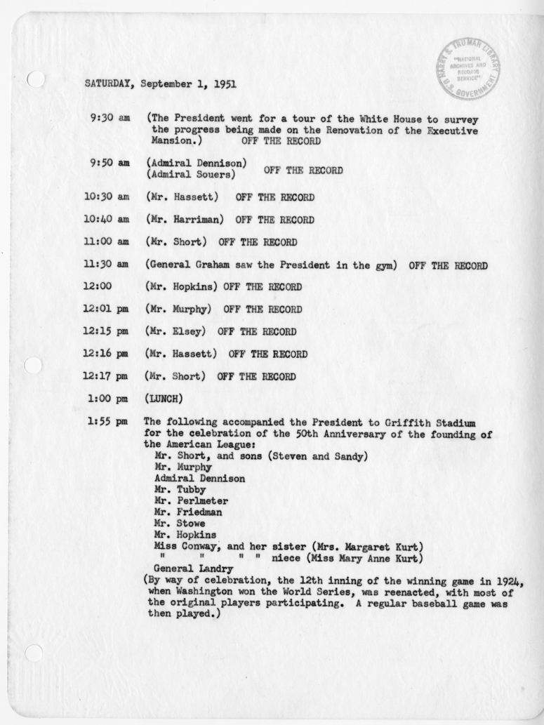 Daily Appointment Sheet for President Harry S. Truman