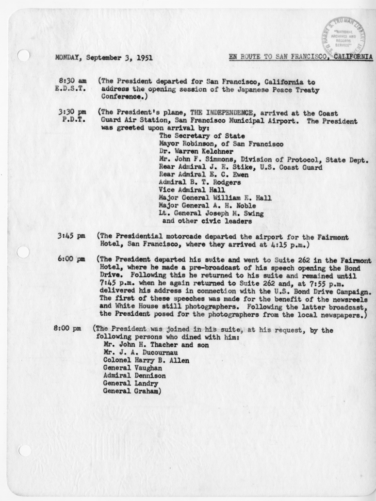 Daily Appointment Sheet for President Harry S. Truman