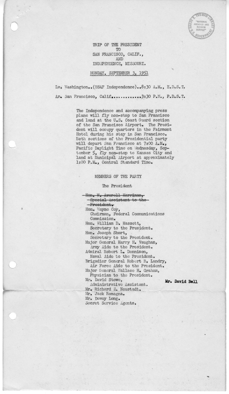 List of President Harry S. Truman's Party for the Trip to San Francisco, California