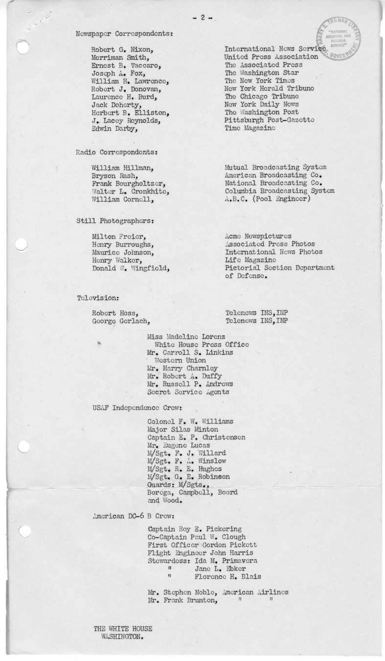 List of President Harry S. Truman's Party for the Trip to San Francisco, California