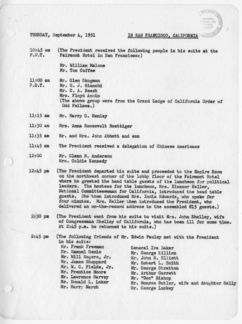 Daily Appointment Sheet for President Harry S. Truman