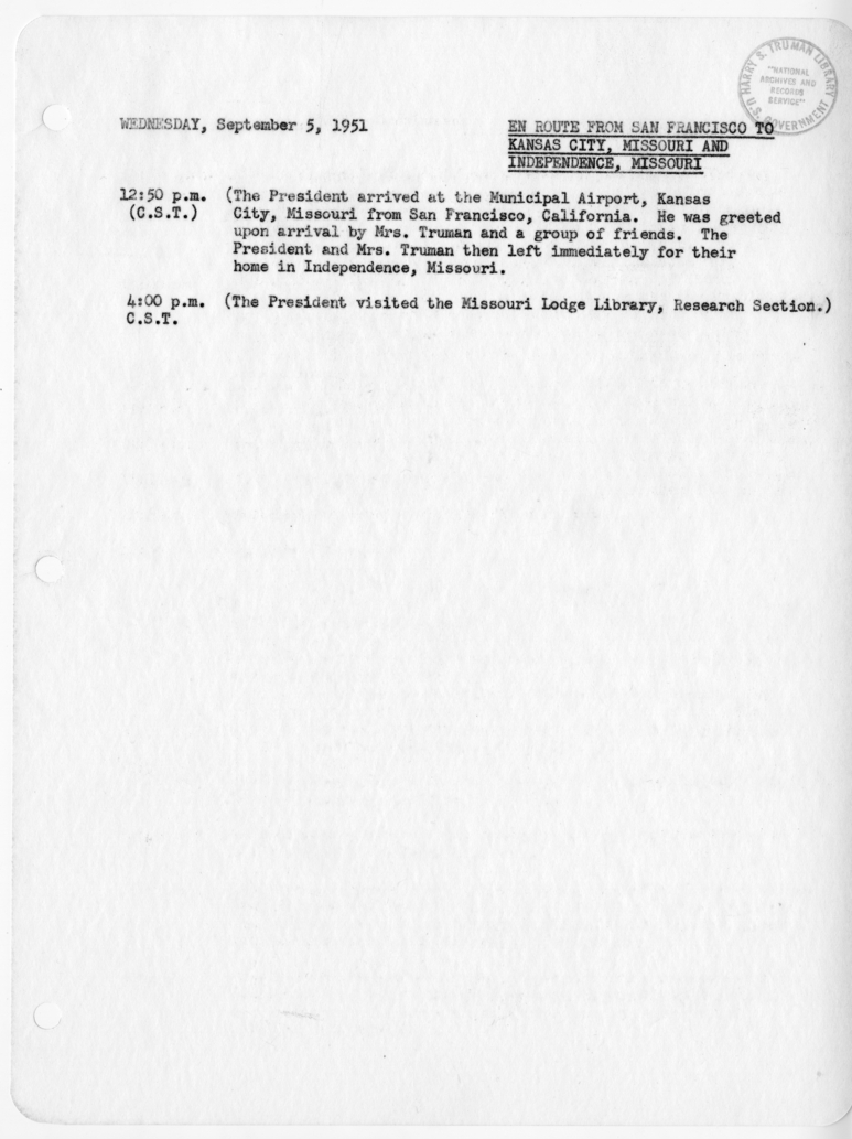 Daily Appointment Sheet for President Harry S. Truman