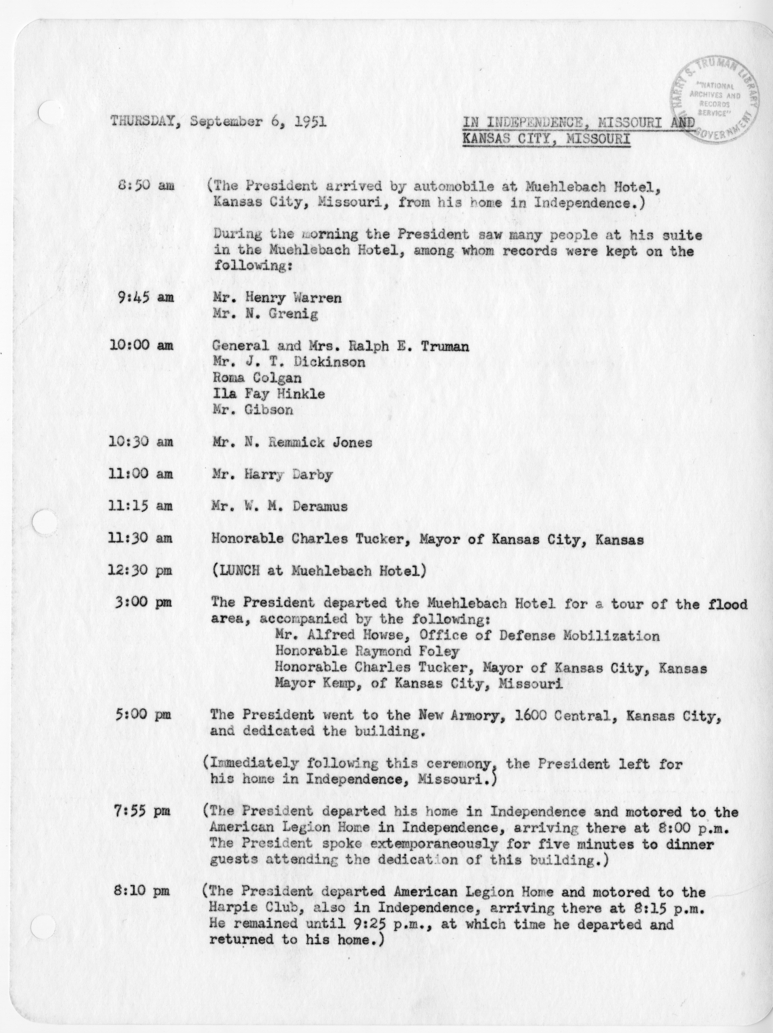 Daily Appointment Sheet for President Harry S. Truman