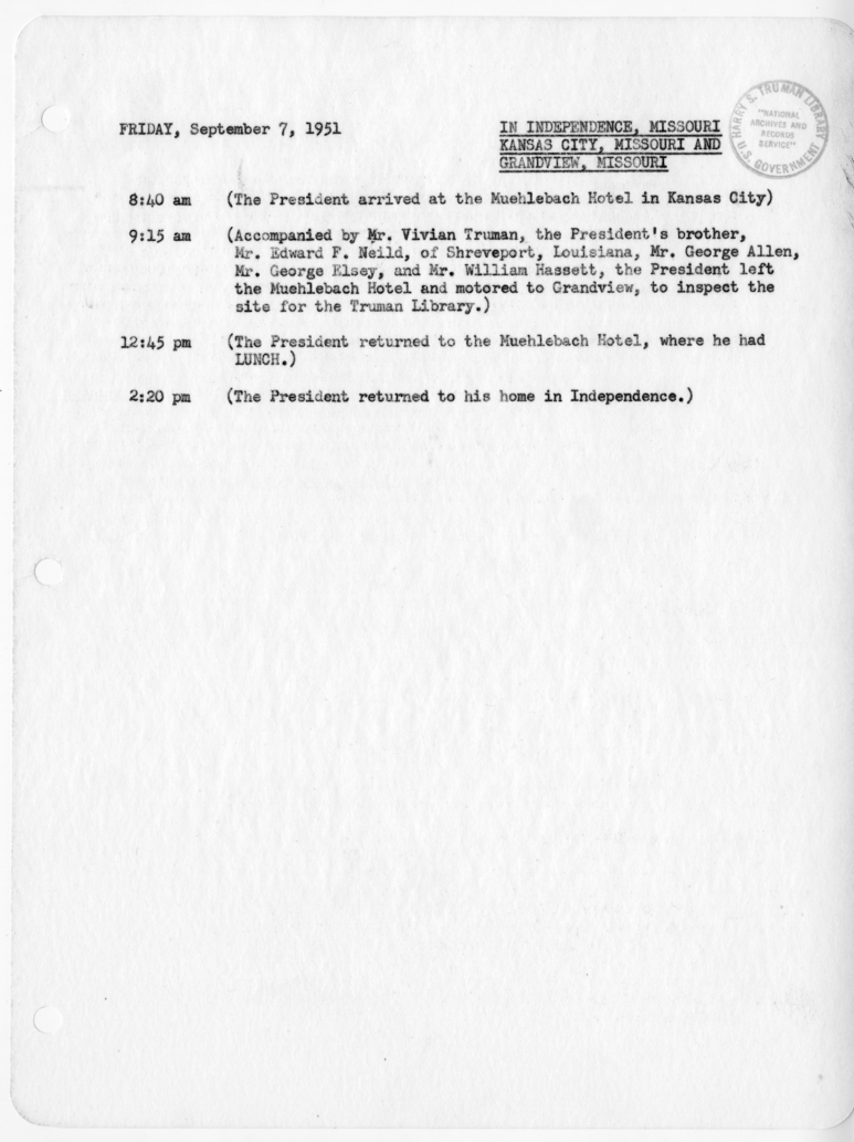 Daily Appointment Sheet for President Harry S. Truman