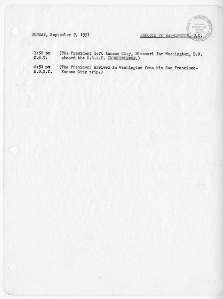 Daily Appointment Sheet for President Harry S. Truman