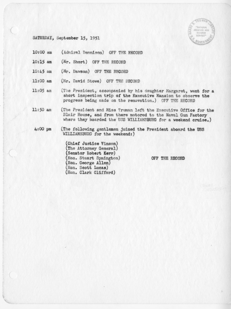 Daily Appointment Sheet for President Harry S. Truman