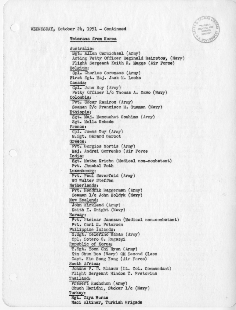 Daily Appointment Sheet for President Harry S. Truman