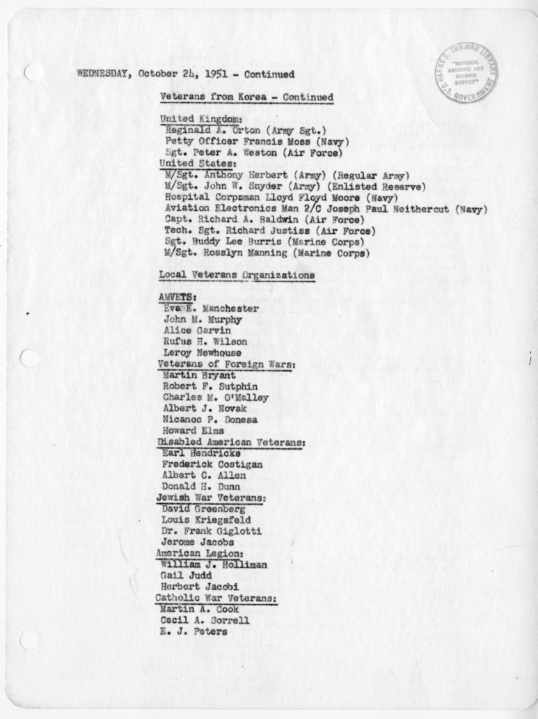 Daily Appointment Sheet for President Harry S. Truman