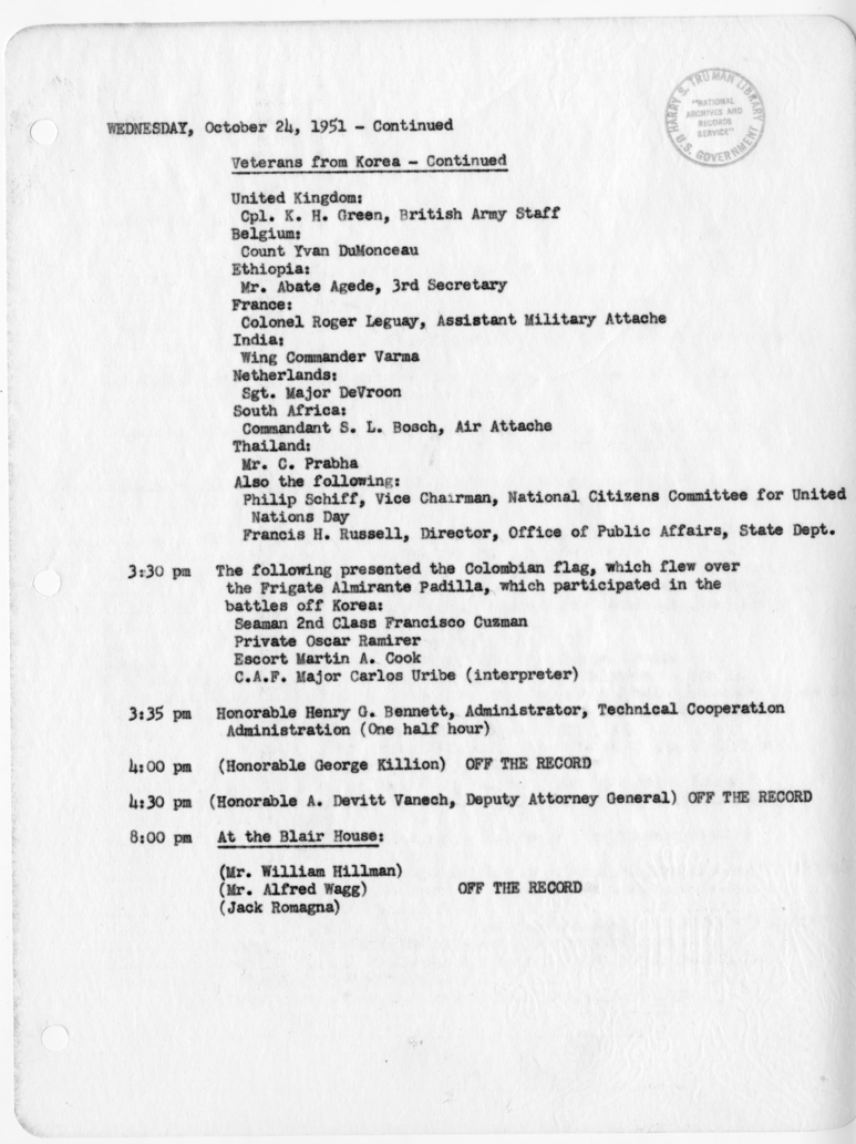 Daily Appointment Sheet for President Harry S. Truman