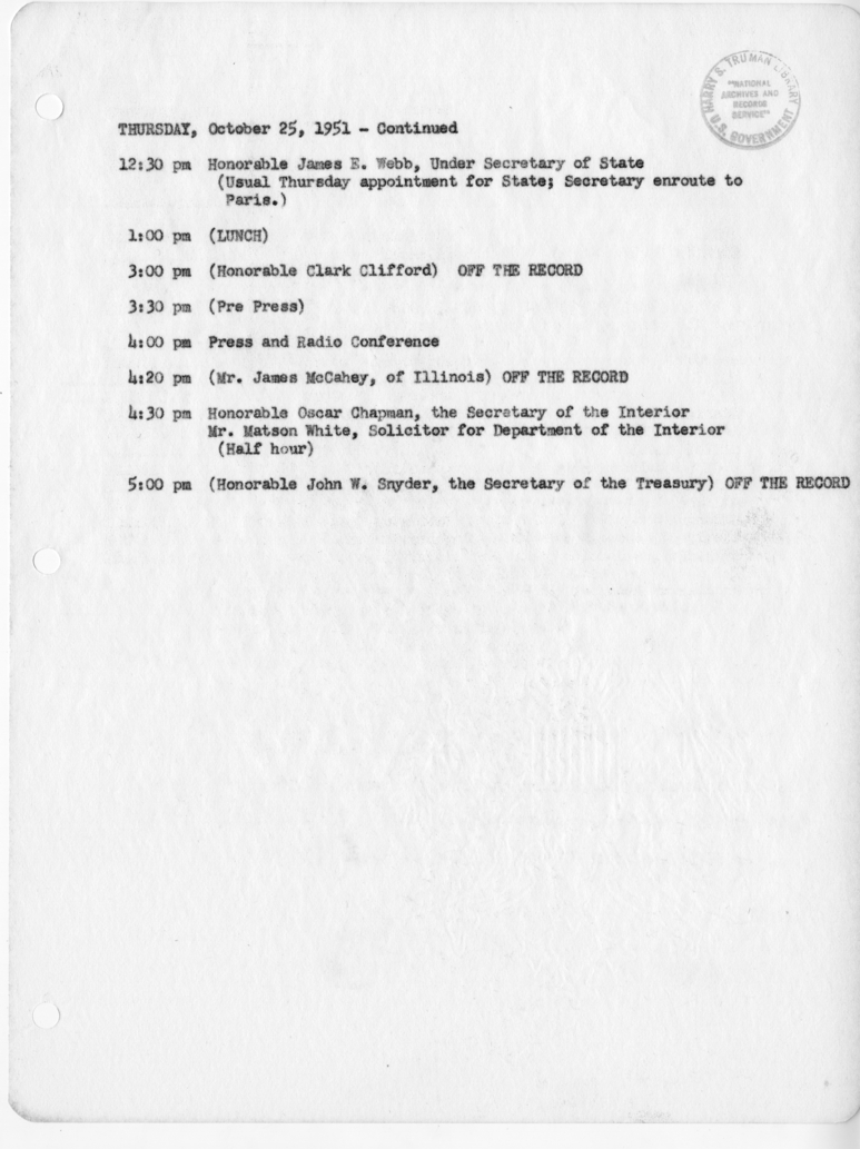 Daily Appointment Sheet for President Harry S. Truman