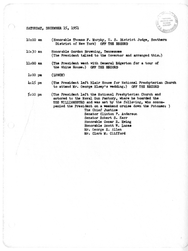 Daily Appointment Sheet for President Harry S. Truman