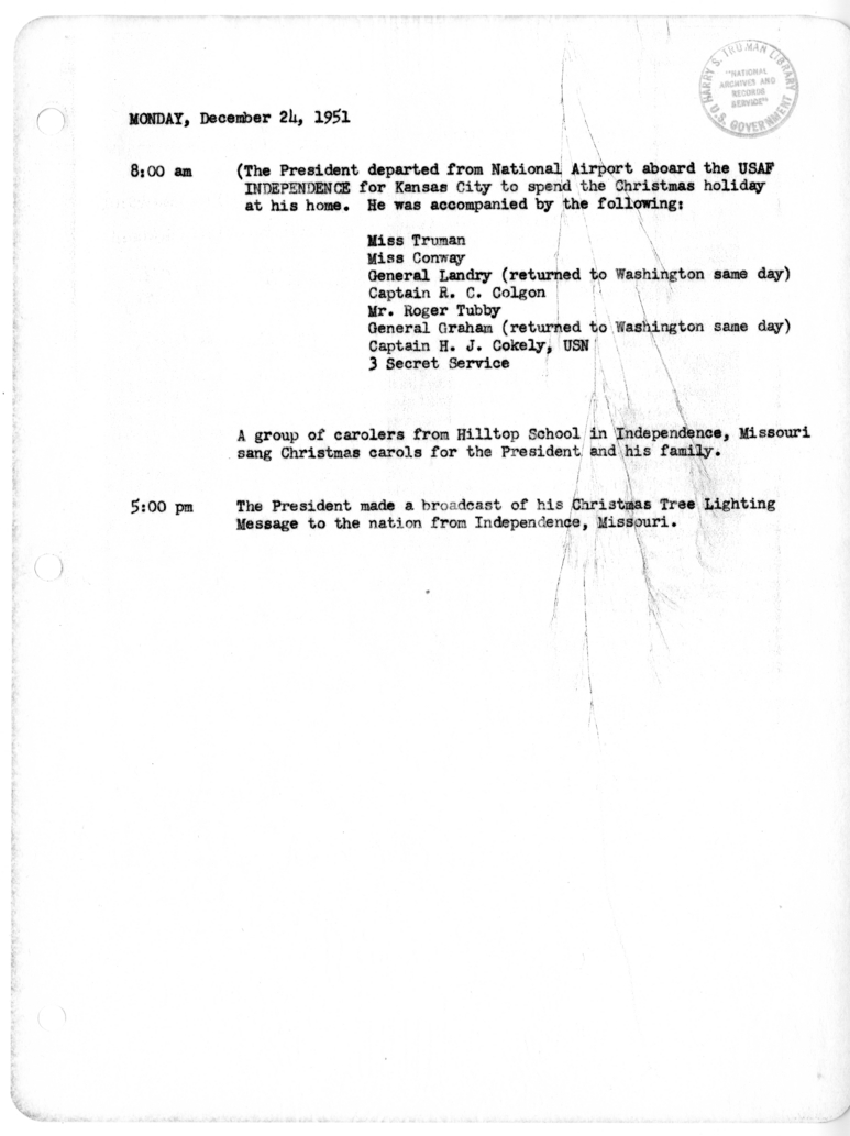 Daily Appointment Sheet for President Harry S. Truman