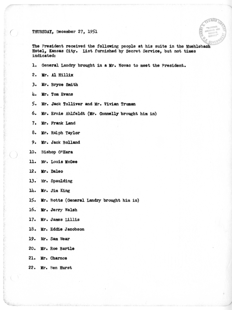 Daily Appointment Sheet for President Harry S. Truman