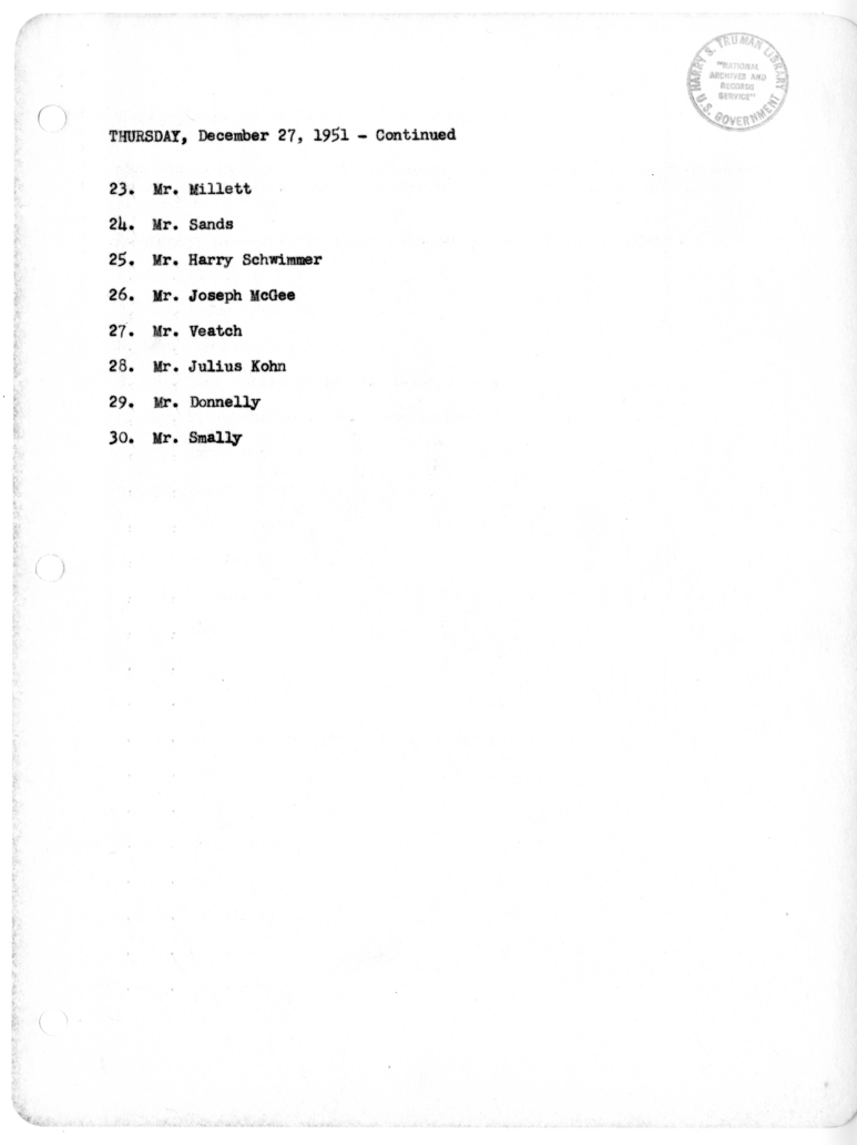 Daily Appointment Sheet for President Harry S. Truman