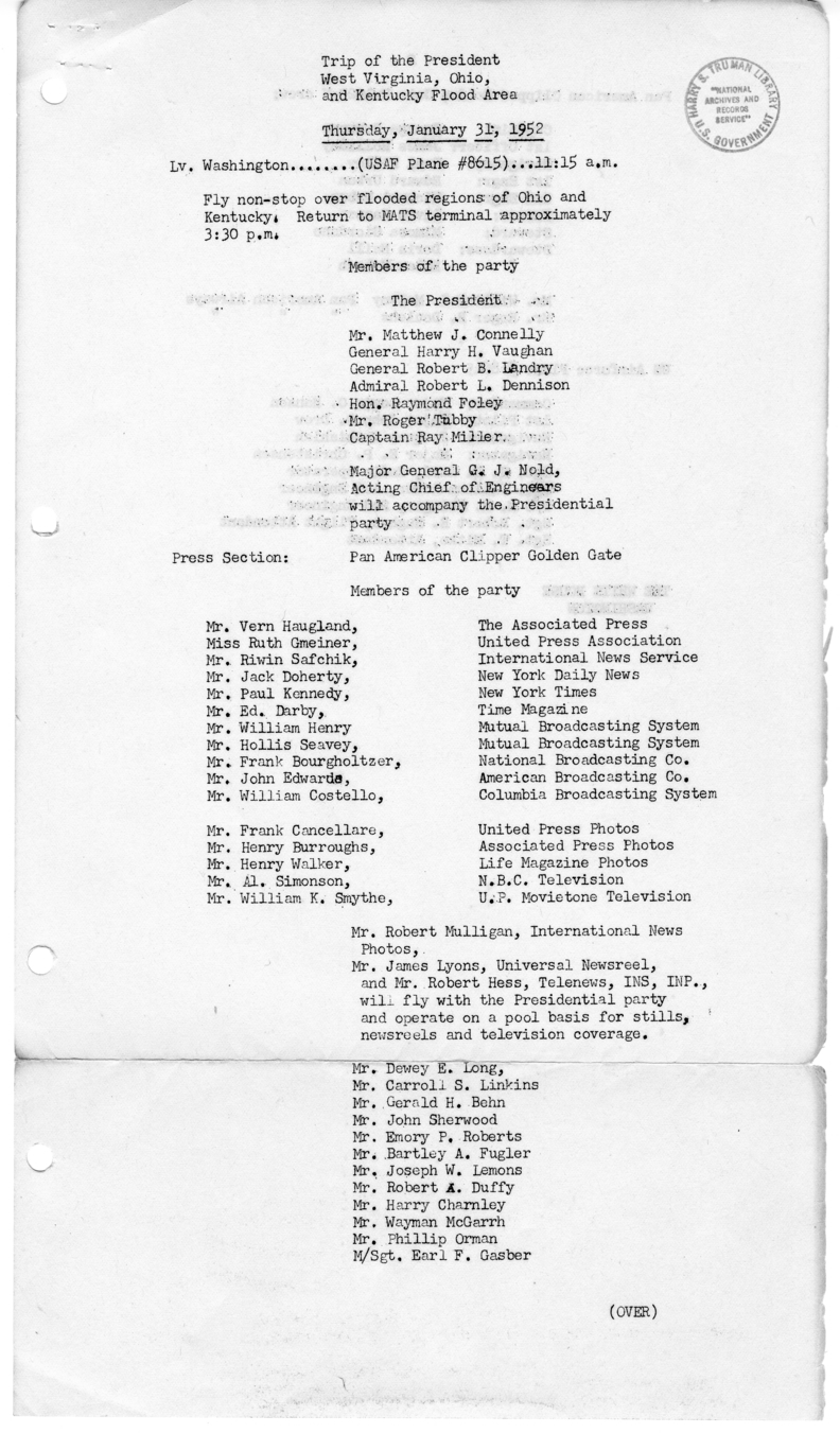 Daily Appointment Sheet for President Harry S. Truman