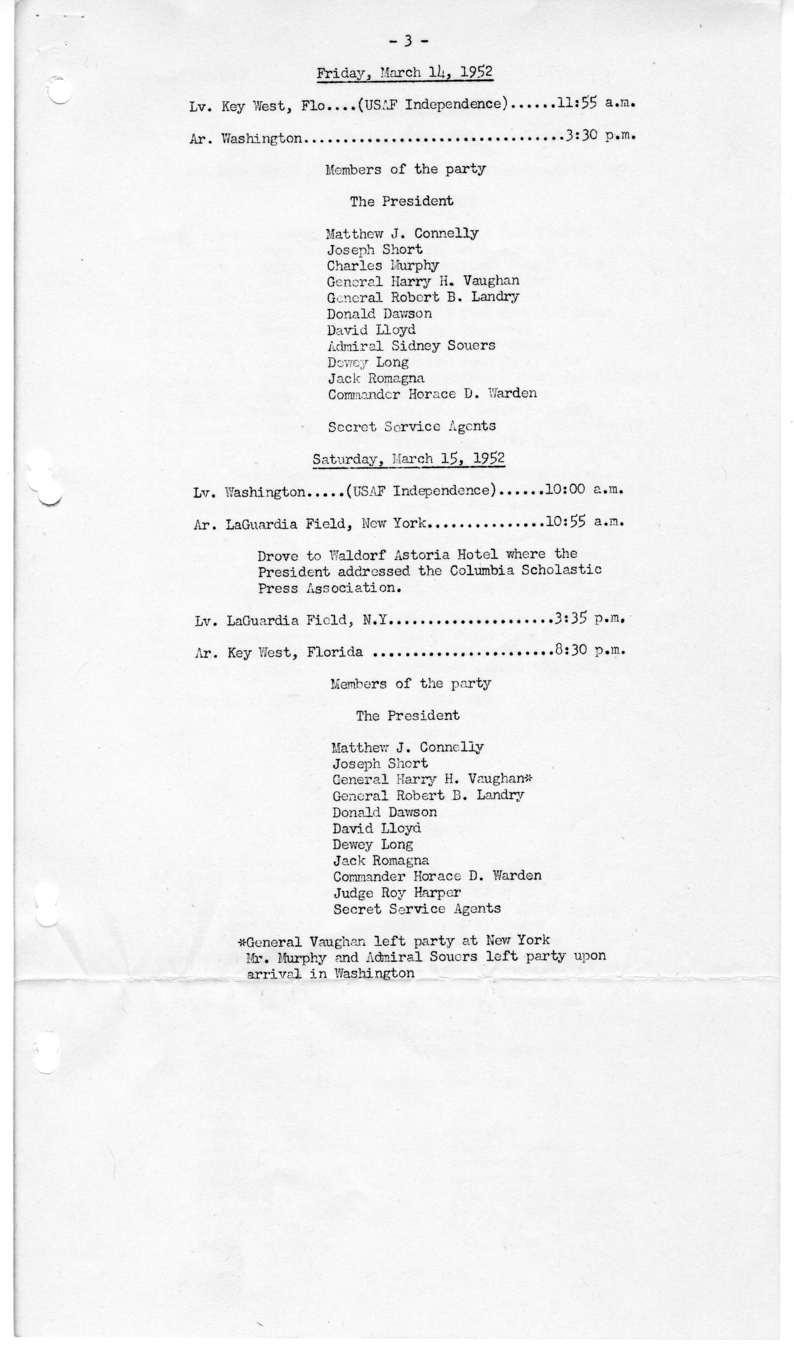 List of the President's Party for President Harry S. Truman's Vacation ...