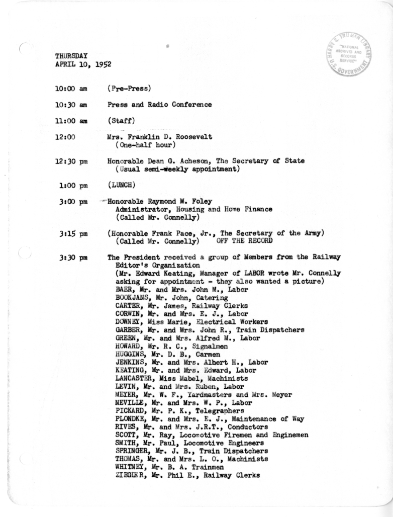 Daily Appointment Sheet for President Harry S. Truman