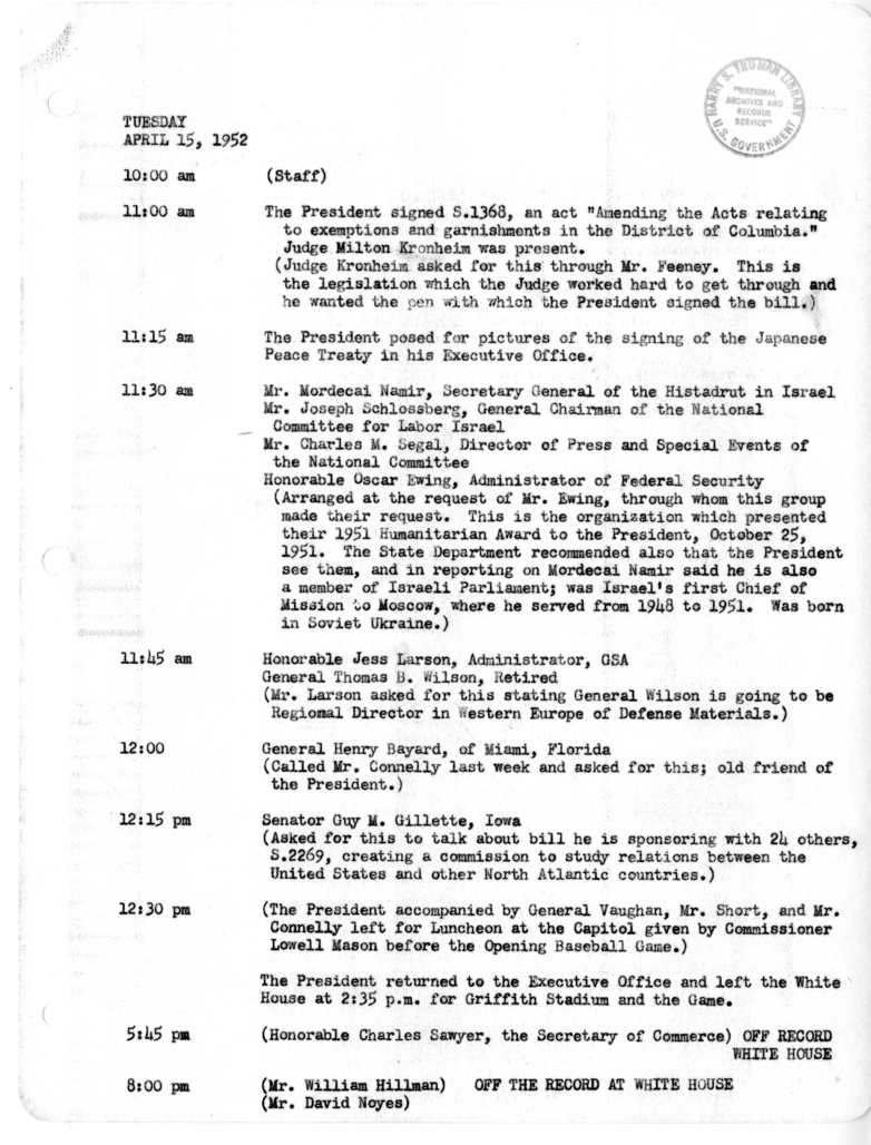 Daily Appointment Sheet for President Harry S. Truman