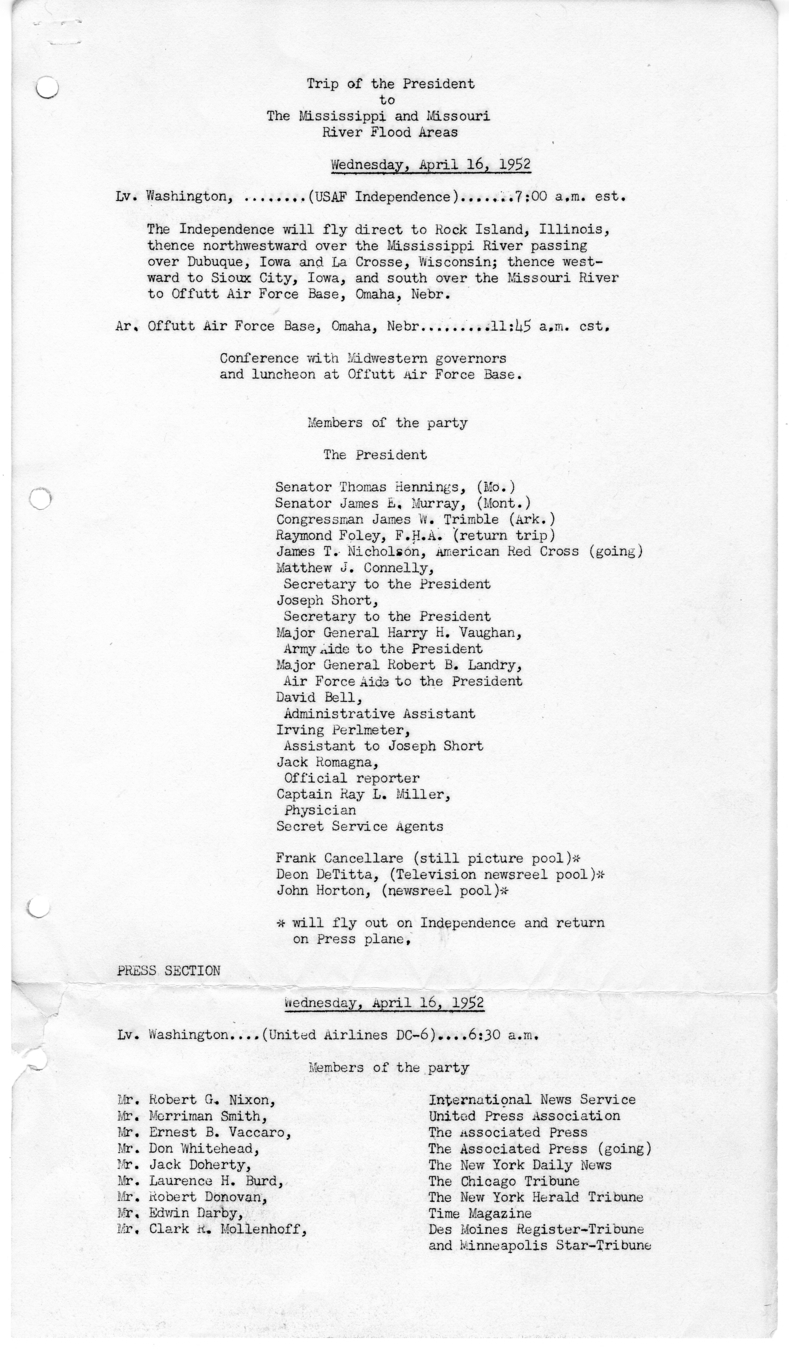 Itinerary and Presidential Party List for President Harry S. Truman's Trip to the Mississippi and Missouri River Flood Areas