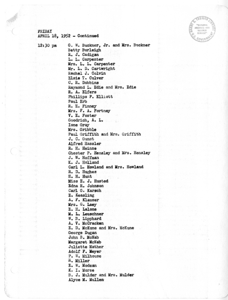 Daily Appointment Sheet for President Harry S. Truman