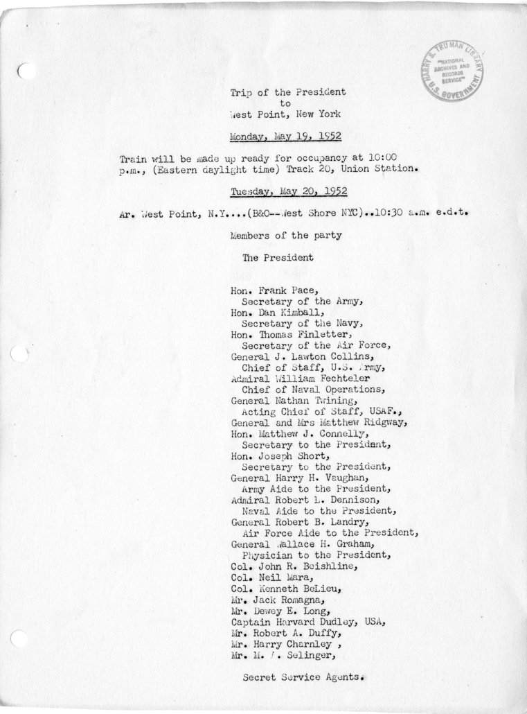 List of President Harry S. Truman's Party for a Trip to West Point, New York