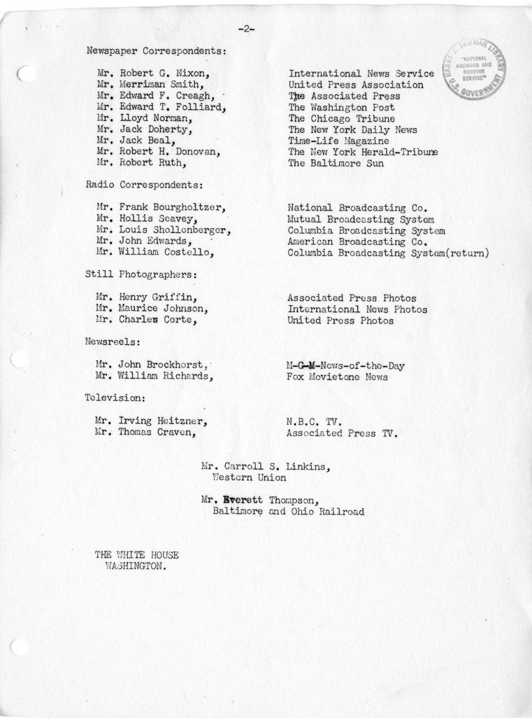 List of President Harry S. Truman's Party for a Trip to West Point, New York