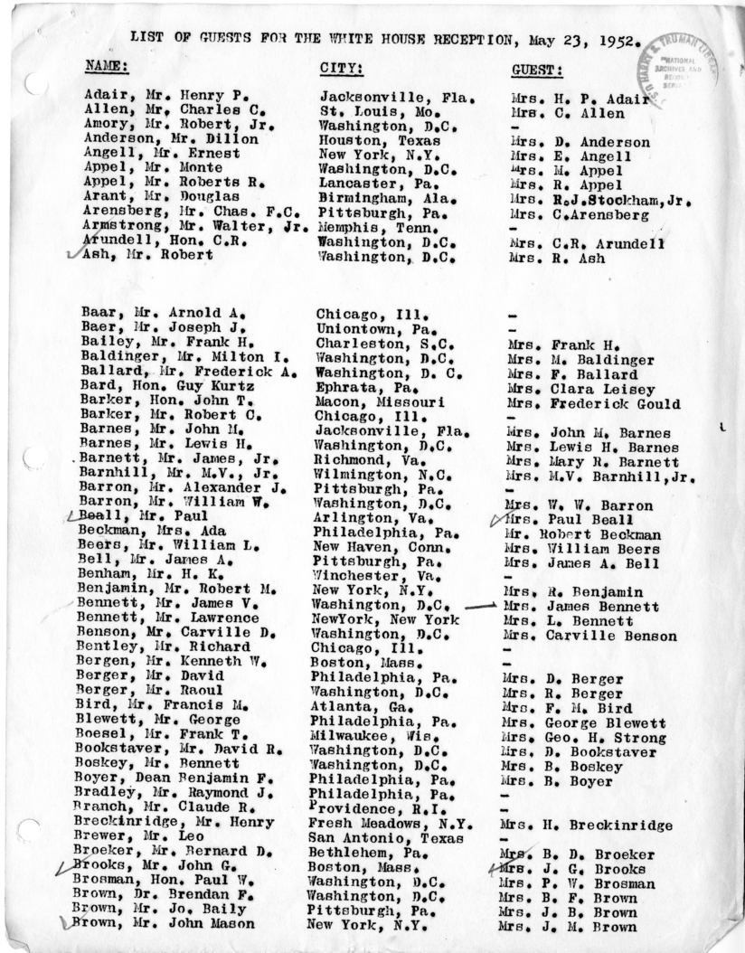 Daily Appointment Sheet for President Harry S. Truman