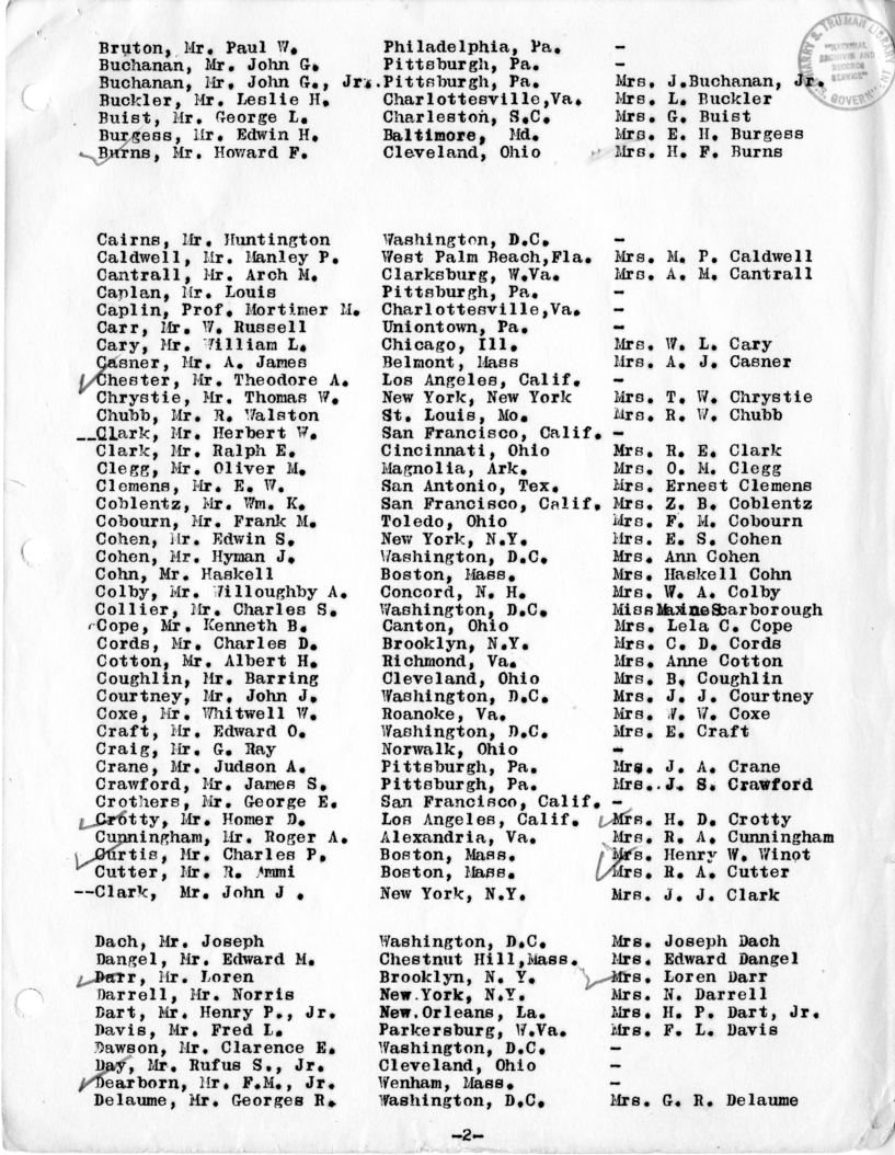 Daily Appointment Sheet for President Harry S. Truman