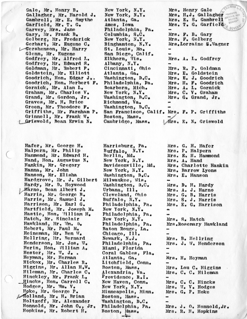 Daily Appointment Sheet for President Harry S. Truman