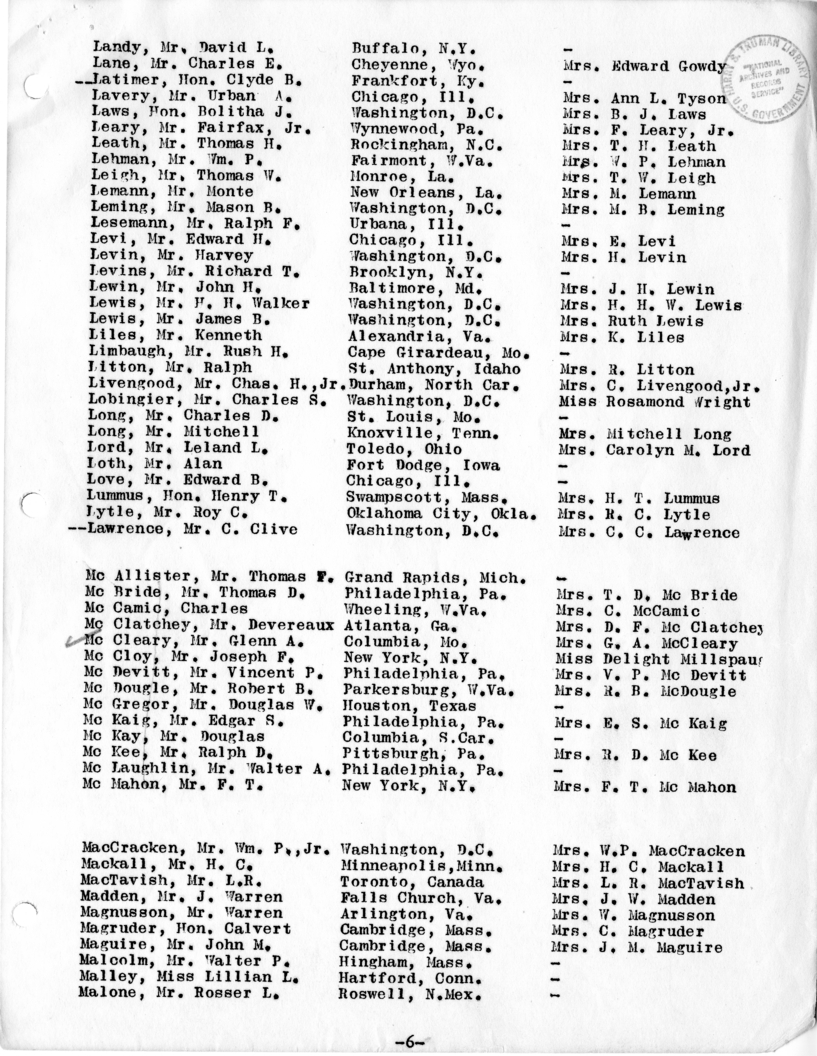 Daily Appointment Sheet for President Harry S. Truman