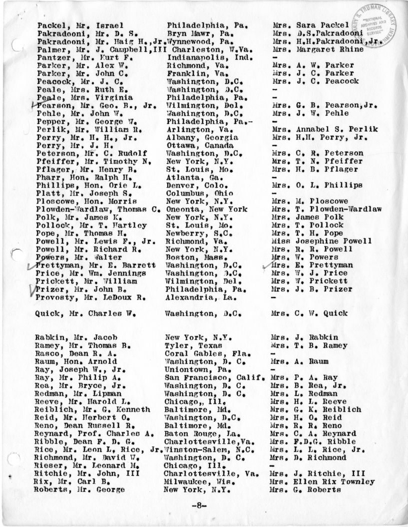 Daily Appointment Sheet for President Harry S. Truman